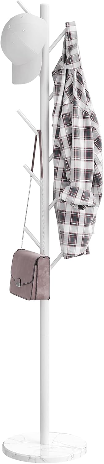 Coat Rack Freestanding, Metal Coat Rack with Natural Marble Base, White