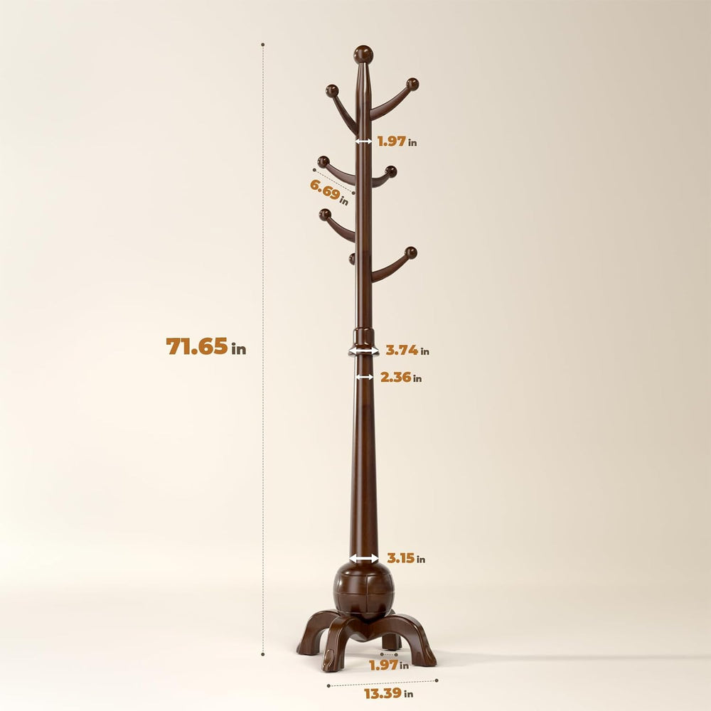 Coat Rack Freestanding with 8 Hooks, Wooden Coat Tree, Walnut