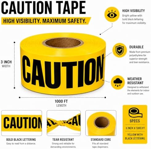 ATERET Premium Yellow Caution Tape 12-Pack 3 inch x 1000 feet, Hazard Safety ...