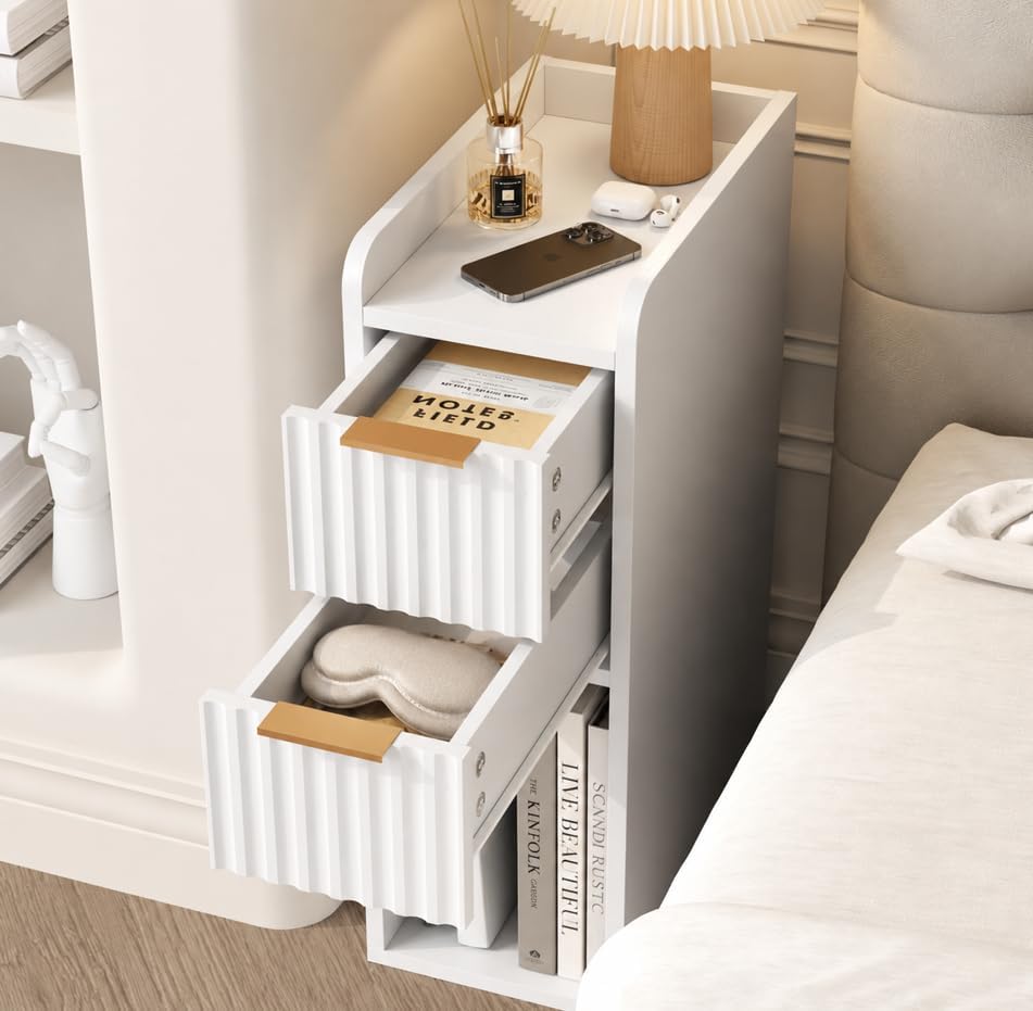 Narrow Nightstand Set of 2, 7.9" Wood Nightstands w/Fluted 2 Drawer, Sli...