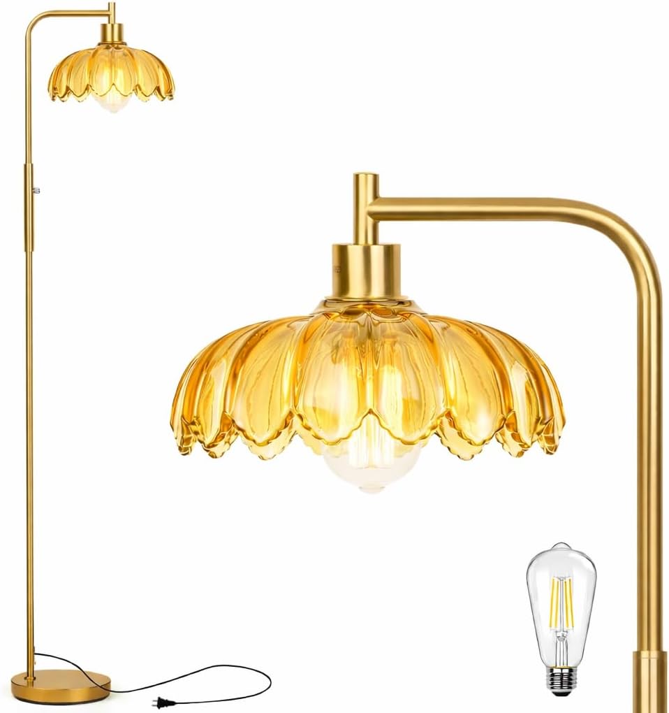 Ruiever Glass Floor Lamp for Living Room, Dimmer Standing Lamp with Green Rib...