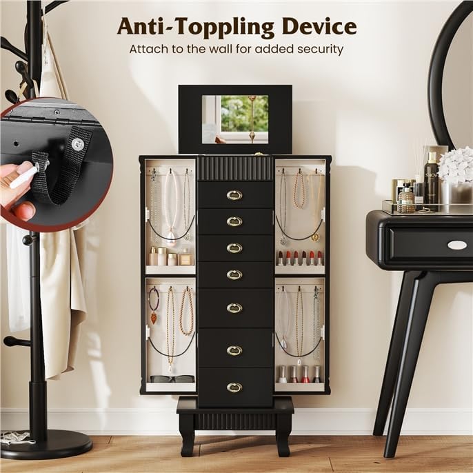 LDAILY Standing Jewelry Armoire Cabinet, Wooden Storage Chest