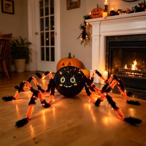 Hairui Halloween Spider with Lights 54IN for Home Patio Porch Decor