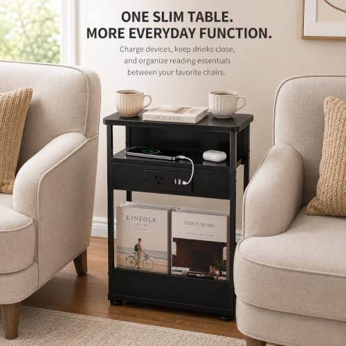 Narrow Side Table with Charging Station Small Spaces Narrow End Table