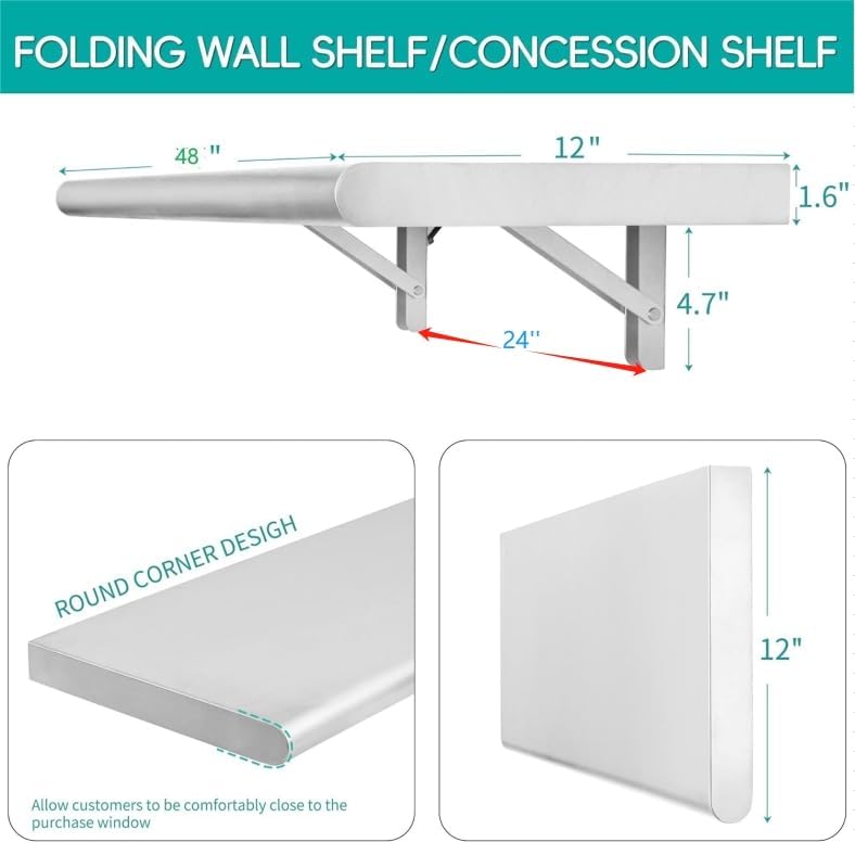 Concession Shelf 48"L x 12"W,22 gauge ASTM 304 Stainless Steel Fold...