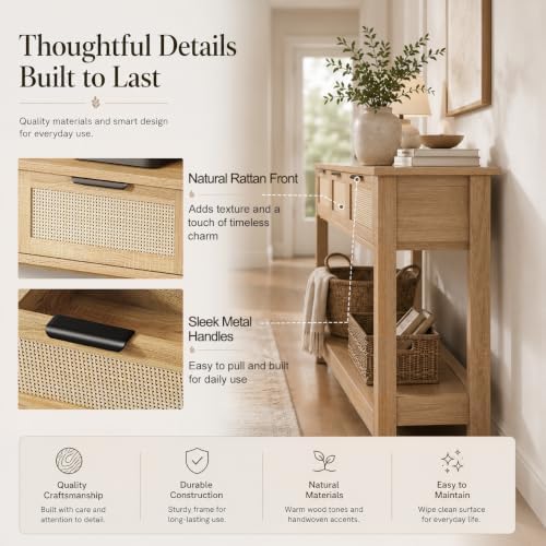 Luoxiao Rattan Console Table 3-Drawer 47" Narrow Wood Entryway Sofa Table