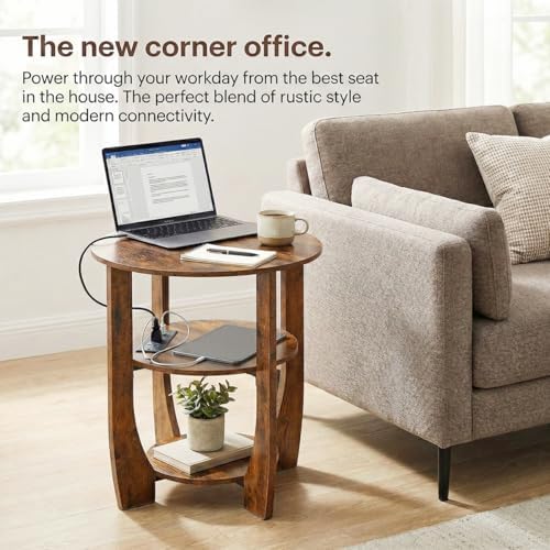Round Side Table with Charging Station,19.7" D,Rustic Brown