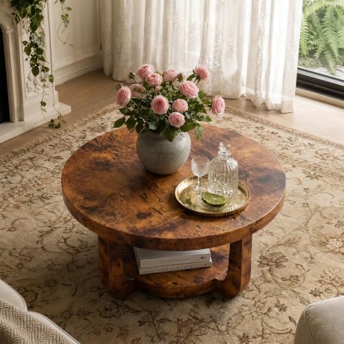 Round Coffee Table, 2-Tier Circle Coffee Table with Storage (Brown)