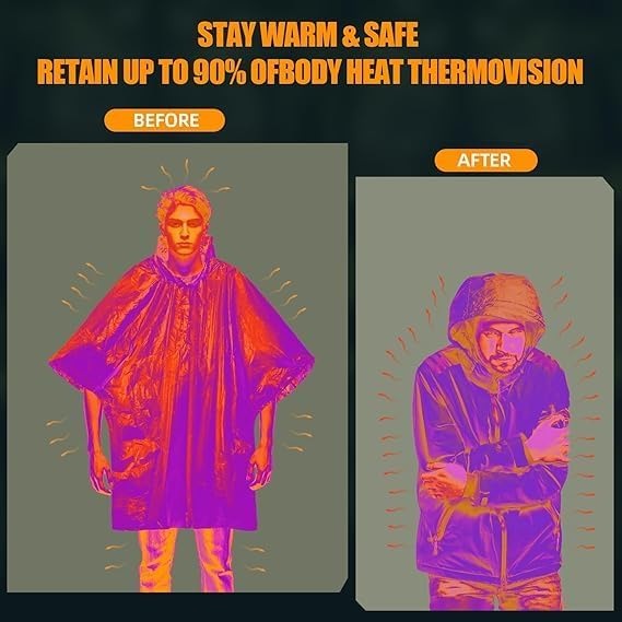 Emergency Survival Poncho (4pc) Thermal Mylar Foil Coating Blanket for Heat R...