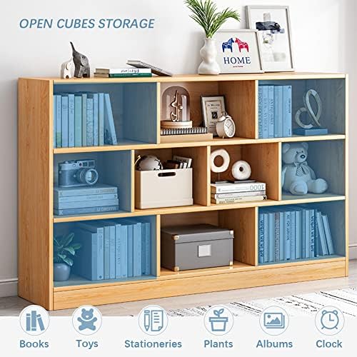 IOTXY Open Shelf Low Bookcase - Wooden 3-Tier Cube Bookshelf, Bright Blue
