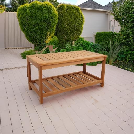 Sunnydaze Meranti Wood Patio Coffee Table with Storage, 35” W, Rectangular