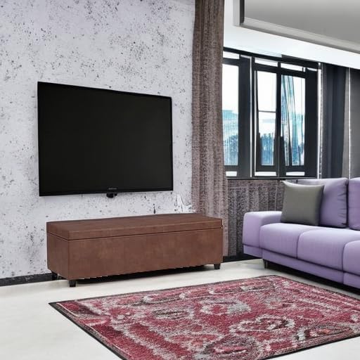 SIMPLIHOME Avalon 48" Wide Vegan Leather Storage Ottoman in Saddle Brown