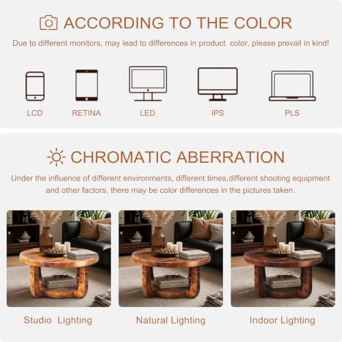 Round Coffee Table, 2-Tier Circle Coffee Table with Storage (Brown)