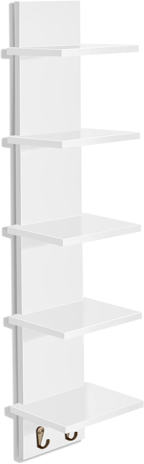 Sorbus 5-Tier Floating Wall Shelf with Hooks, 31 Inch (1 Pack, White)