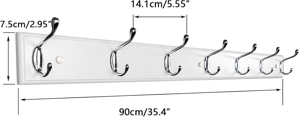 Wooden Wall Mounted Coat Rack – 35 Inch, White with 7 Silver Hooks for Entryw...