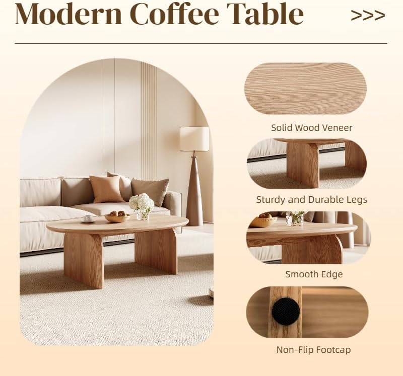 Honyee Small Oval Coffee Table, Oak Veneer Top with Solid Legs, Natural