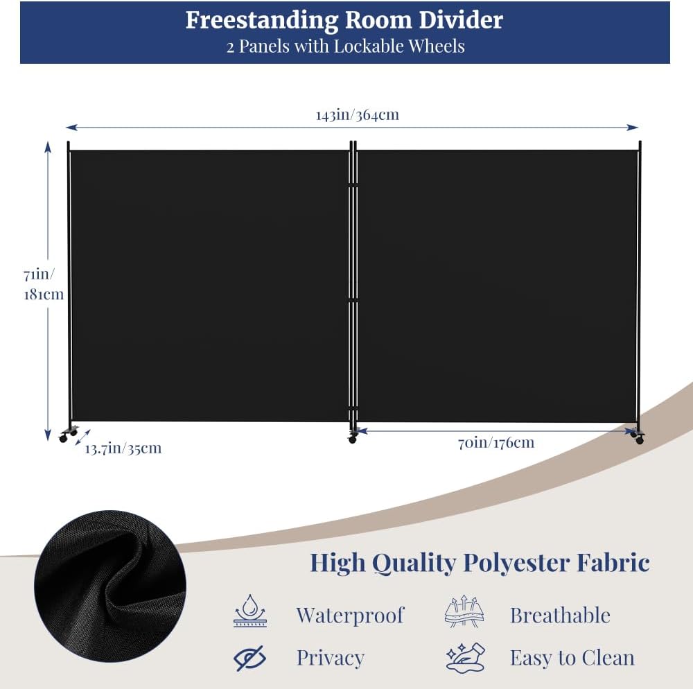 Kokorona 2 Panel Room Divider, 6FT Tall Rolling Privacy Screen with Lockable ...