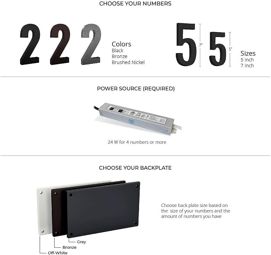 7 Inch Backlit LED House Number, ABS Polymer, 2700K Warm Light (6, Black)