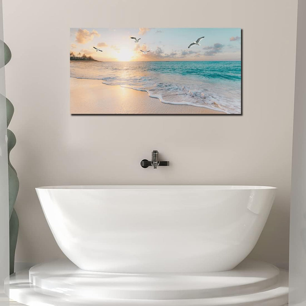 Beach Wall Art Decor for Living Room Ocean Canvas Picture for Wall Gold Sunse...