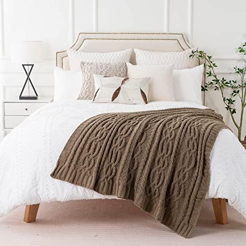 Battilo Tan Throw Blanket for Couch, 51"x67" Textured Cable Knit Bl...