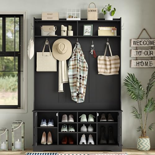 Furnihold Hall Tree, Black Entryway Bench with Coat Rack, 10 Shoe Storage &am...