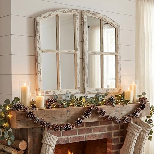 Flora Farmhouse Mirror, Decoration Wood Arch Window Wall Mounted Mirror