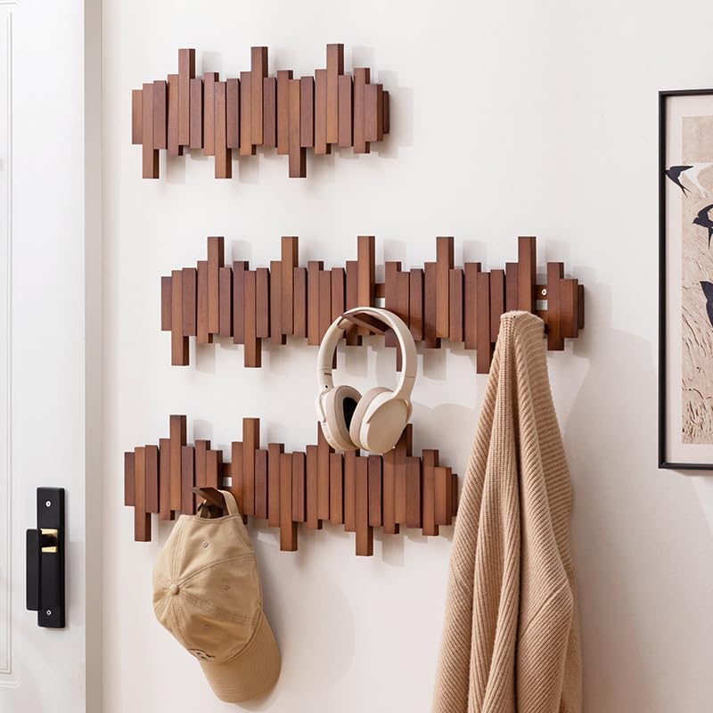 Piano Coat Rack Wall Mount, Wooden Magnetic Wall Hooks with Flip-Down Design,...
