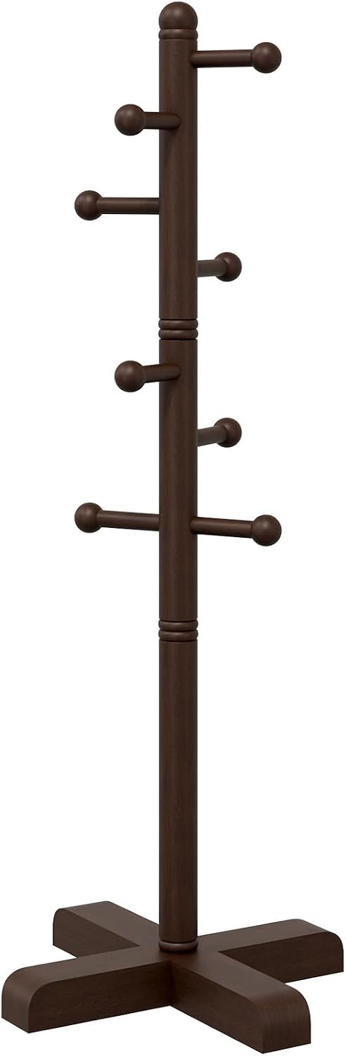 8-Hook Freestanding Wooden Coat Rack 2 Adjustable Heights Brown