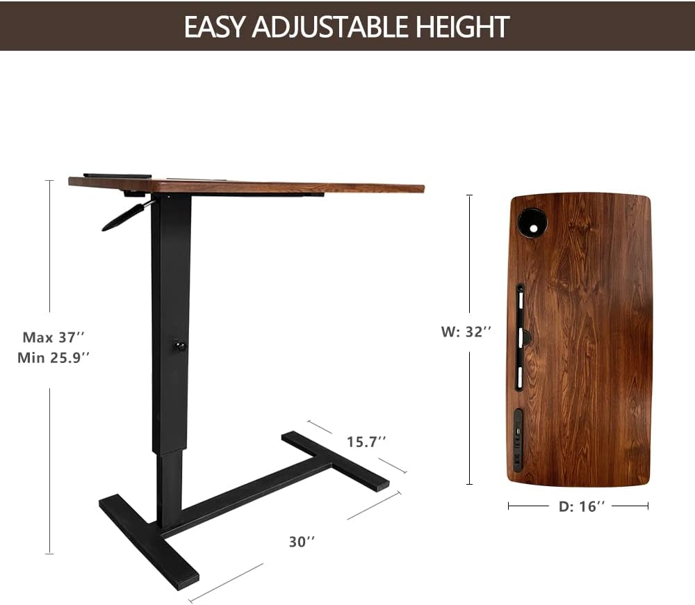 Over Bed Table Pneumatic Adjustable Height Stand Desk with Hidden Wheels USB ...
