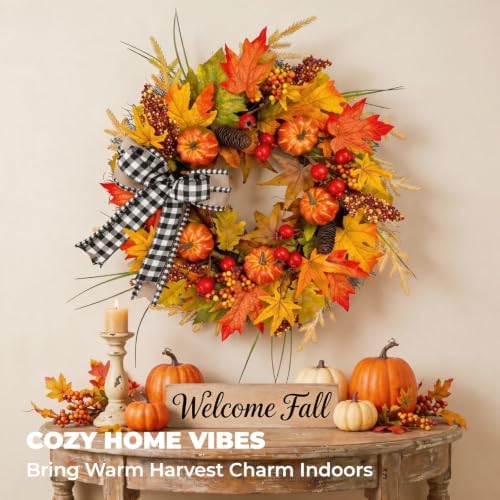 24" Fall Maple Leaf Wreath for Front Door with Buffalo Check Bow - Rusti...