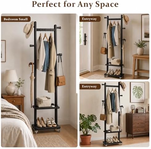 Taitiy Small Clothes Rack Solid Wood Coat Rack Freestanding with Wheels