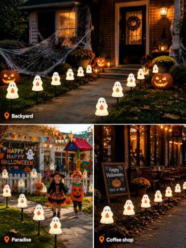 10.5FT Halloween Ghost Pathway Lights, 5 PK Plug in LED Ghost Stake Lights