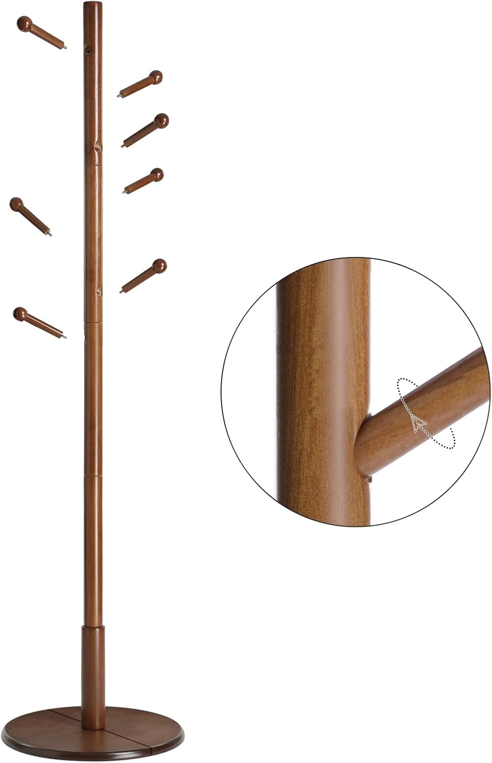 VASAGLE Solid Wood Coat Rack, Free Standing, 8 Hooks, 3 Height Options
