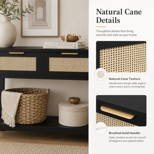 Luoxiao Rattan Console Table 3-Drawer 47" Narrow Black Entryway Sofa Table