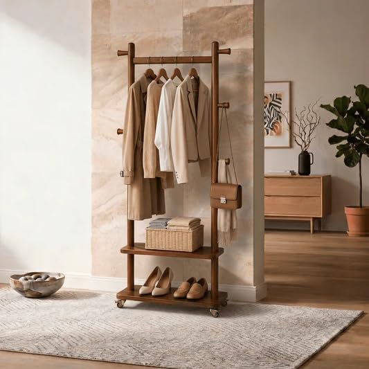 Taitiy Coat Rack Freestanding Solid Wood Clothes Rack with Wheels