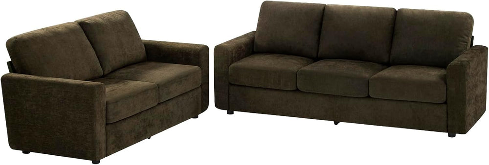 2 Pieces Chenille Sofa Sets w/Comfortable Back Cushions, Brown