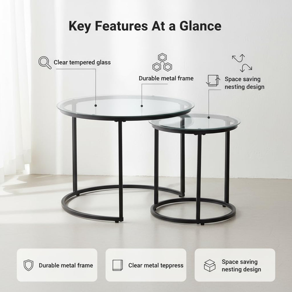 Round Nesting Coffee Table Set of 2, Glass Stacking Minimalist End Table