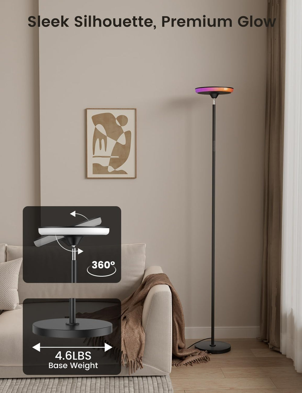 UFO Torchiere Floor Lamp, RGB Ambient Light, 42W 3700LM, Black