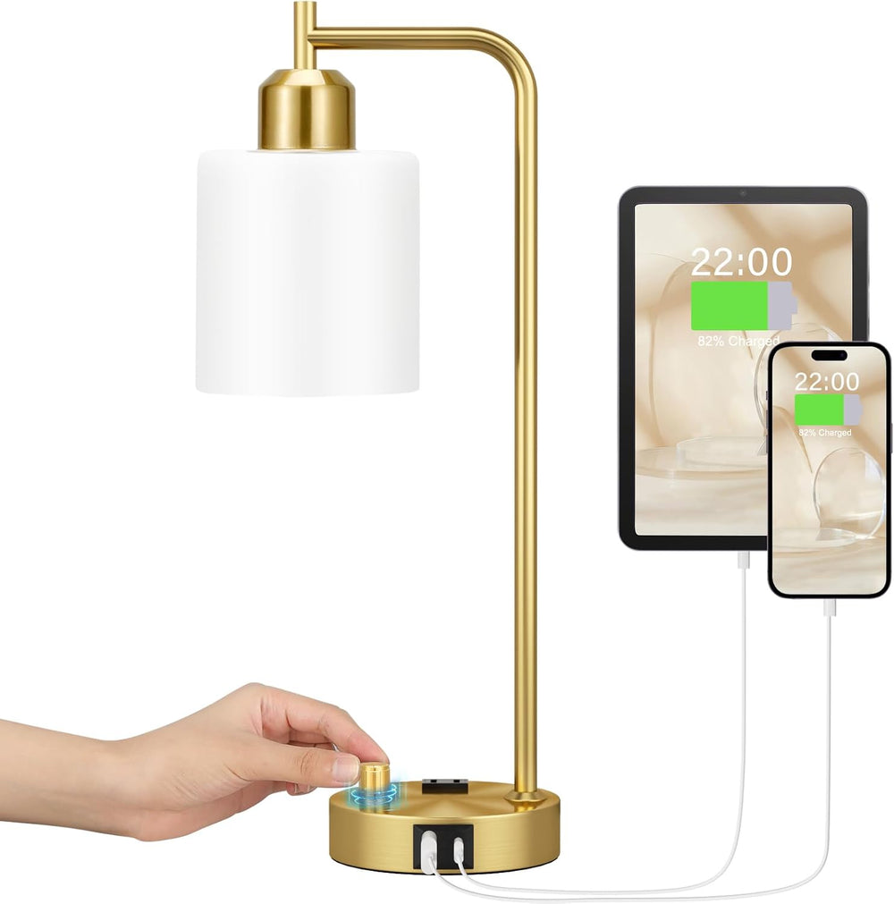 Innqoo Gold Lamp for Bedroom - Industrial Bedside Table Lamp with USB Port an...