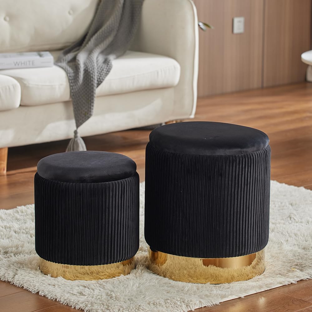 Round Ottoman with Storage Set of 2 Black Vanity Stool Foot Rest