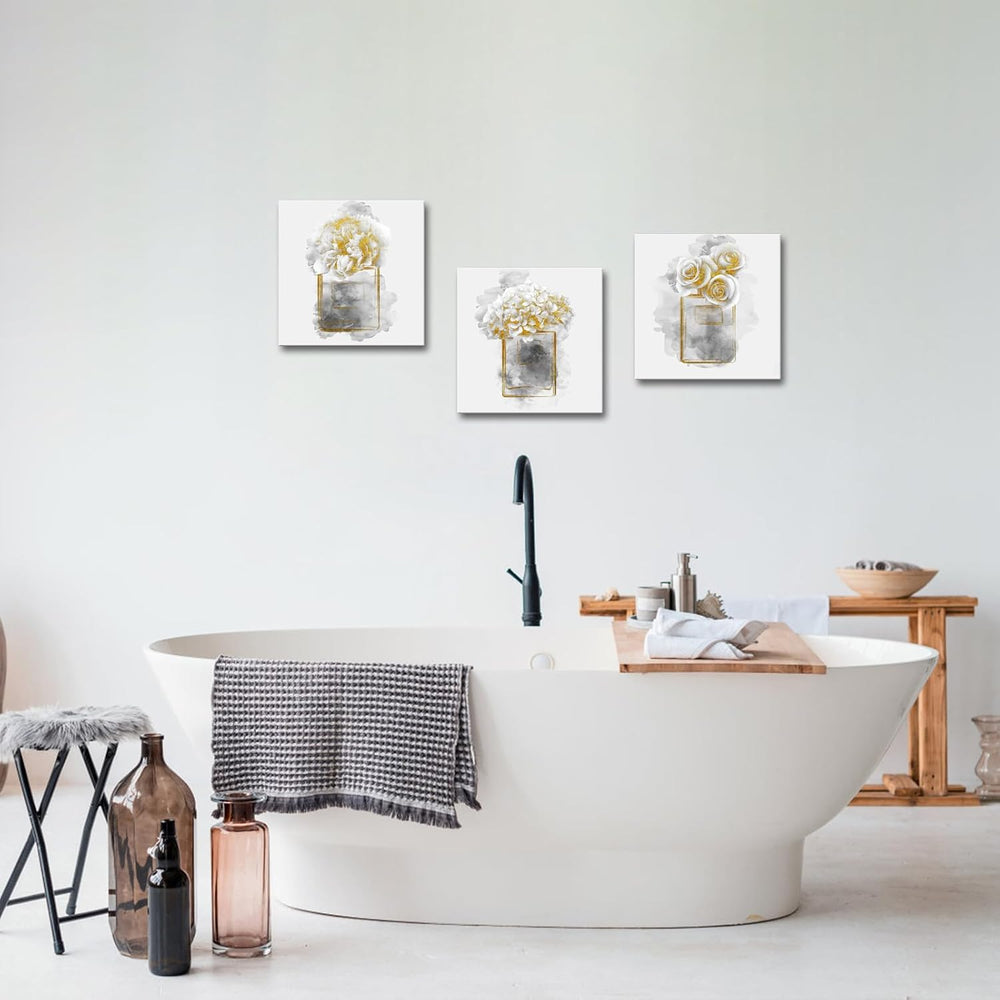 HOMEOART Gold Grey Bathroom Decor Pictures Flower Prints 12x12inchx3Pieces