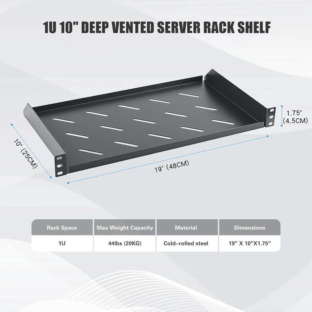 1U Server Rack Shelf, 10" Mounting Depth, Vented Rack Mount Shelf Cantil...