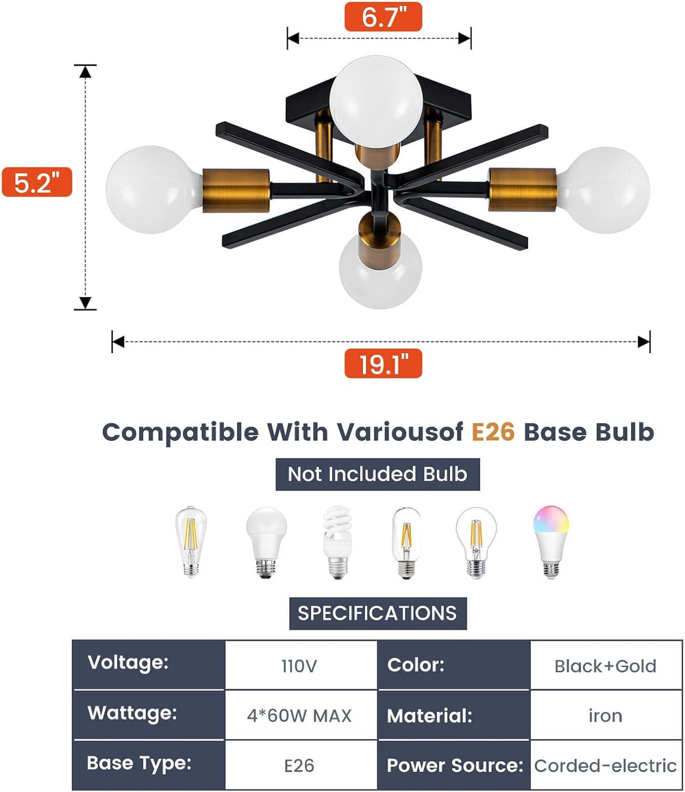 Black Gold Sputnik Ceiling Light Fixture 2-Pack, Farmhouse Semi Flush Mount