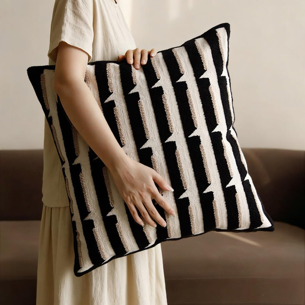 20"x20" Black Cream Stripe Tufted Pillow Covers Luxury Geometric Ac...