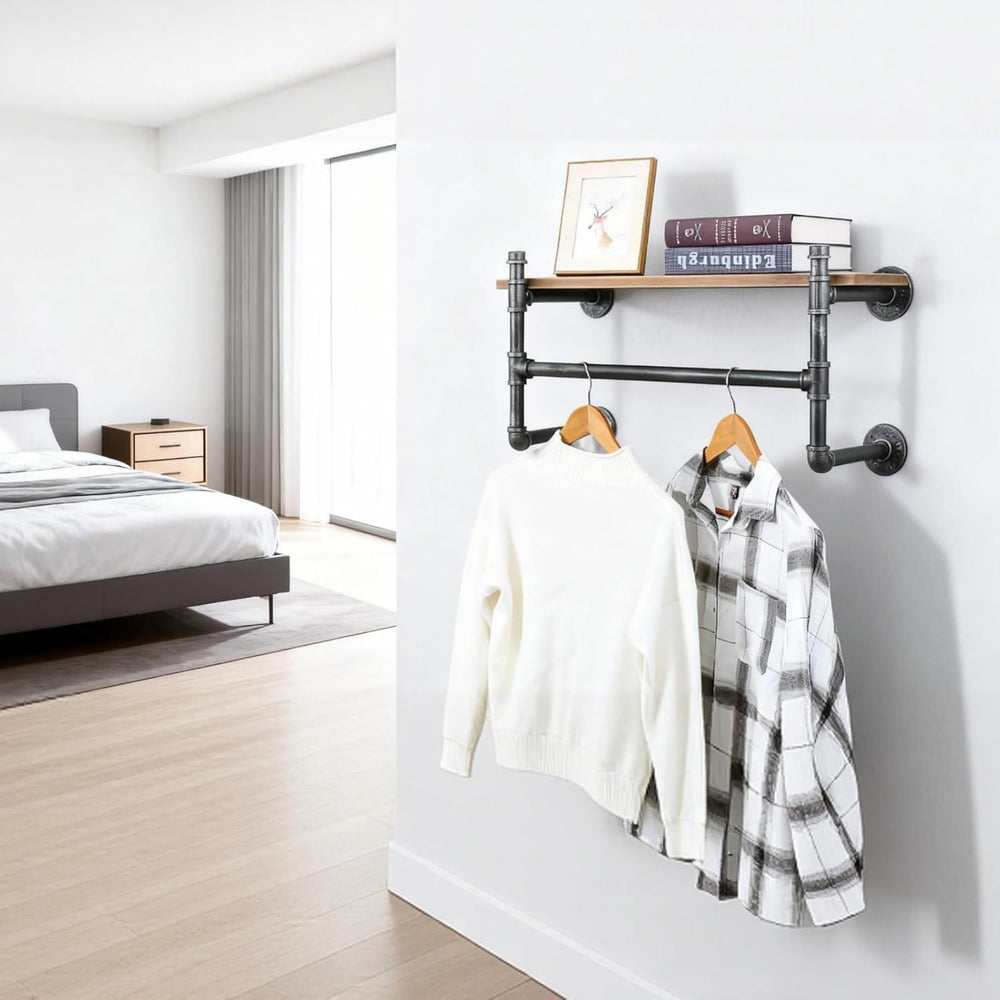 Industrial Pipe Clothing Rack With Shelves,Wall Mounted Clothes Rack 24In