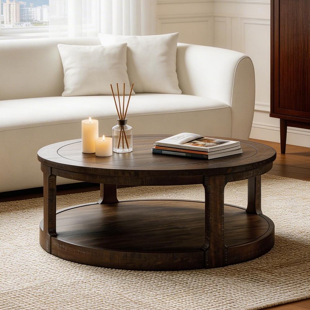 WILLIAMSPACE 40" Round Coffee Table with Wheels, Circle 2 Tier Solid Woo...