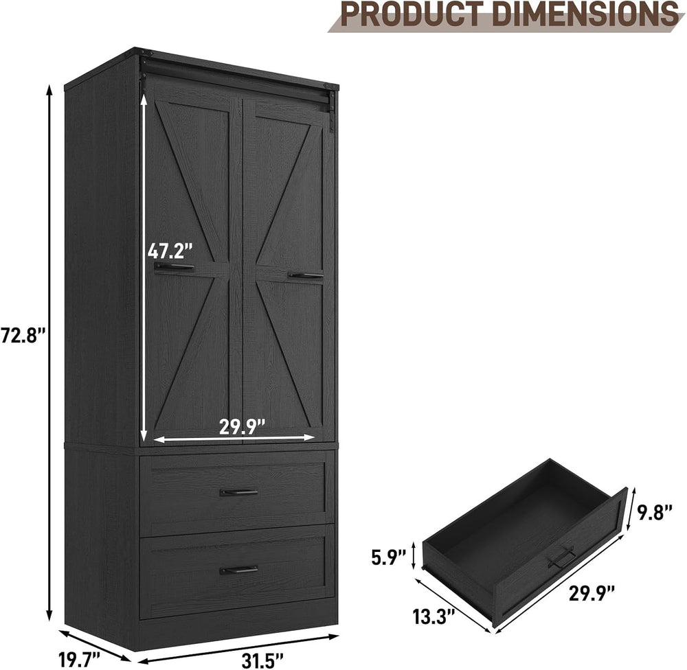 2 Doors Armoire Wardrobe Closet w/ Folding Sliding Barn Door,Rustic Black