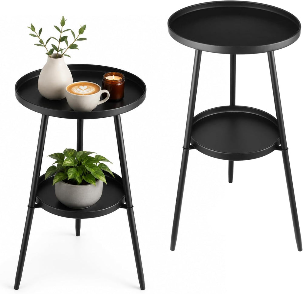 2-Tier Metal Outdoor Side Tables Set of Two 12.6" Round Black End Tables...