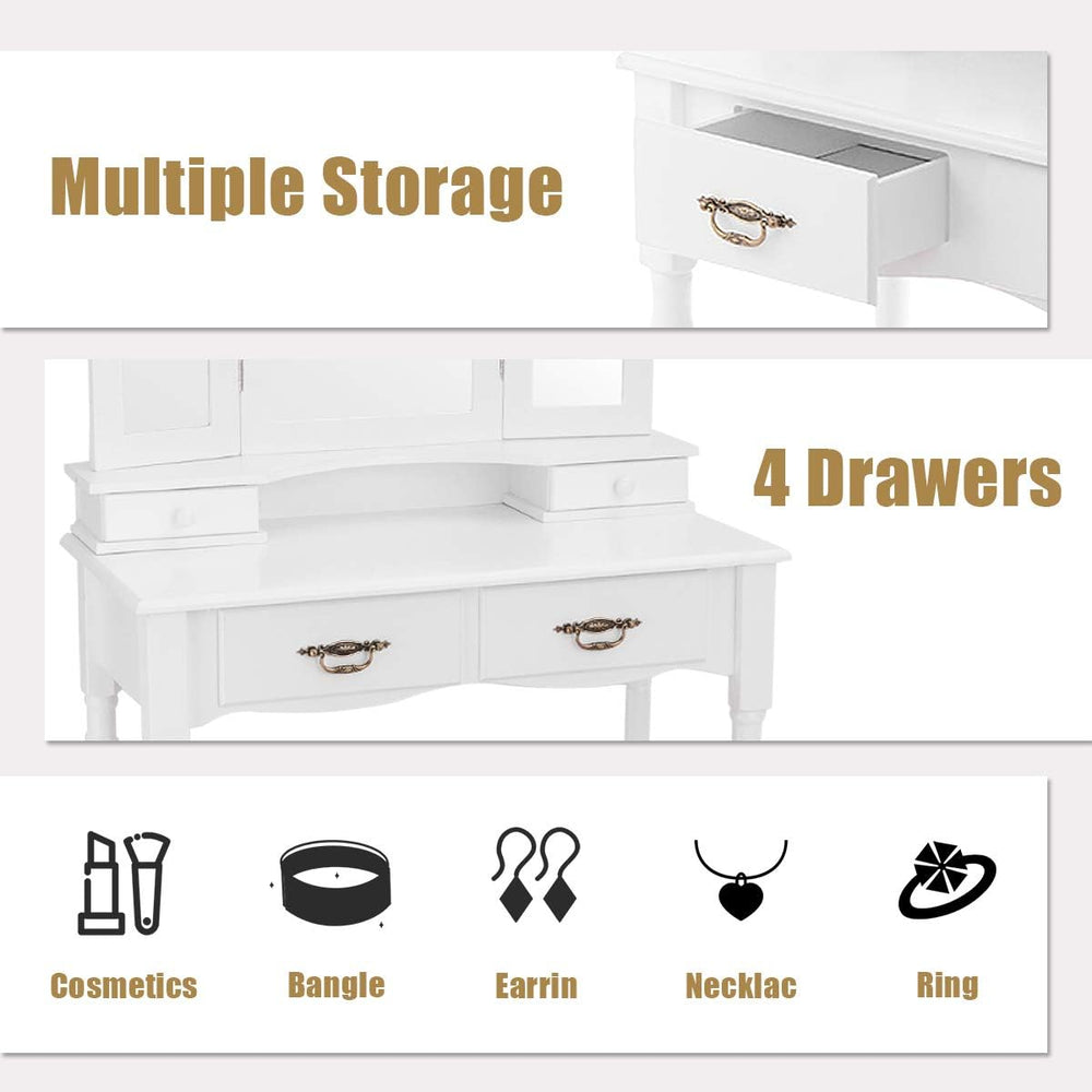 GIANTEX Vanity Set with Tri-Folding Mirror, Makeup Dressing Table with 4 Draw...