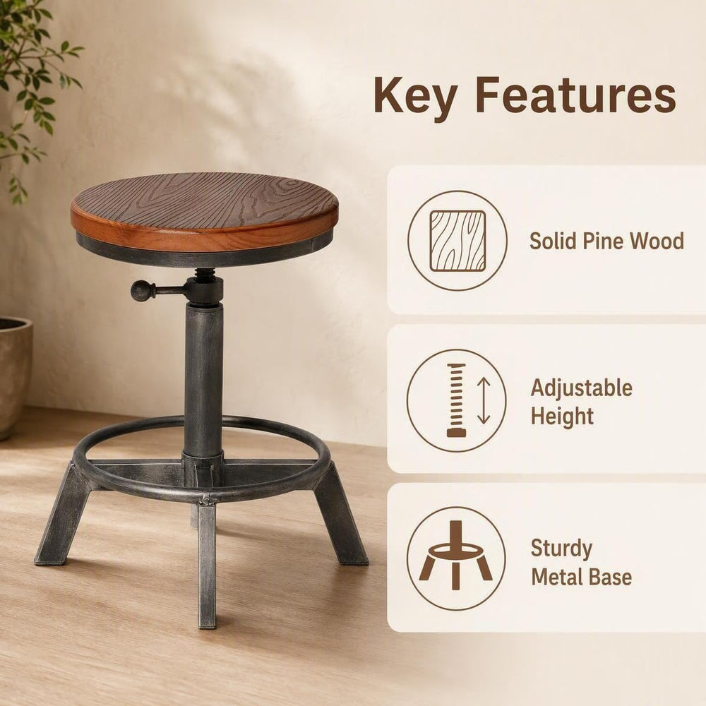Set of 2-Industrial Bar Stool-Counter Height Chairs- Swivel Wooden Seat- Adju...